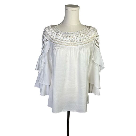 Esley top women’s size small white cutout loose fit with ruffled long sleeves - Picture 1 of 9